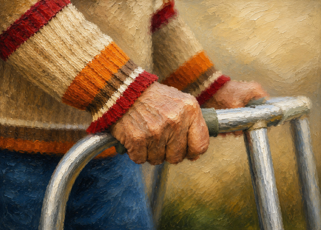 Realistic oil painting close-up of an older adult's hands gripping the handles of a walker, illustrating secure support for safe mobility.
