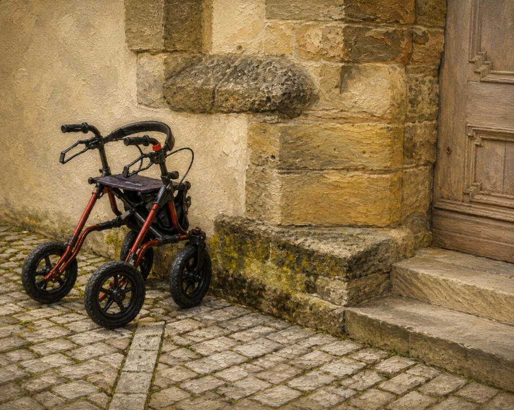 A red four-wheel rollator is parked beside the entrance of a stone building on a cobblestone walkway, ready to provide safe mobility and support.