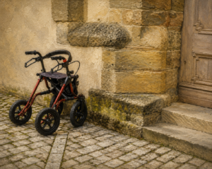 A red four-wheel rollator is parked beside the entrance of a stone building on a cobblestone walkway, ready to provide safe mobility and support.