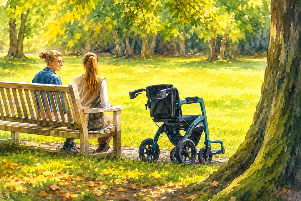 A rollator is parked beside a park bench where two women enjoy a conversation, illustrating how mobility aids support independence, social connections, and time outdoors.