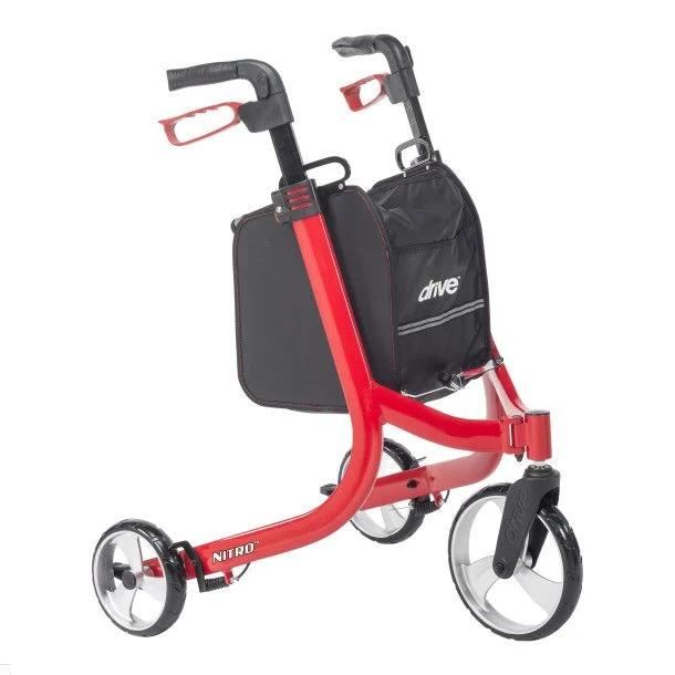 Front angled view of a red 3-wheel walker with ergonomic handles, removable storage bag, storage tray, and large maneuverable wheels for everyday mobility support.