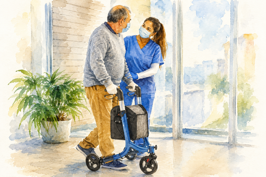 Watercolor illustration of a senior using a blue three-wheel walker while receiving assistance from a healthcare caregiver during mobility training.