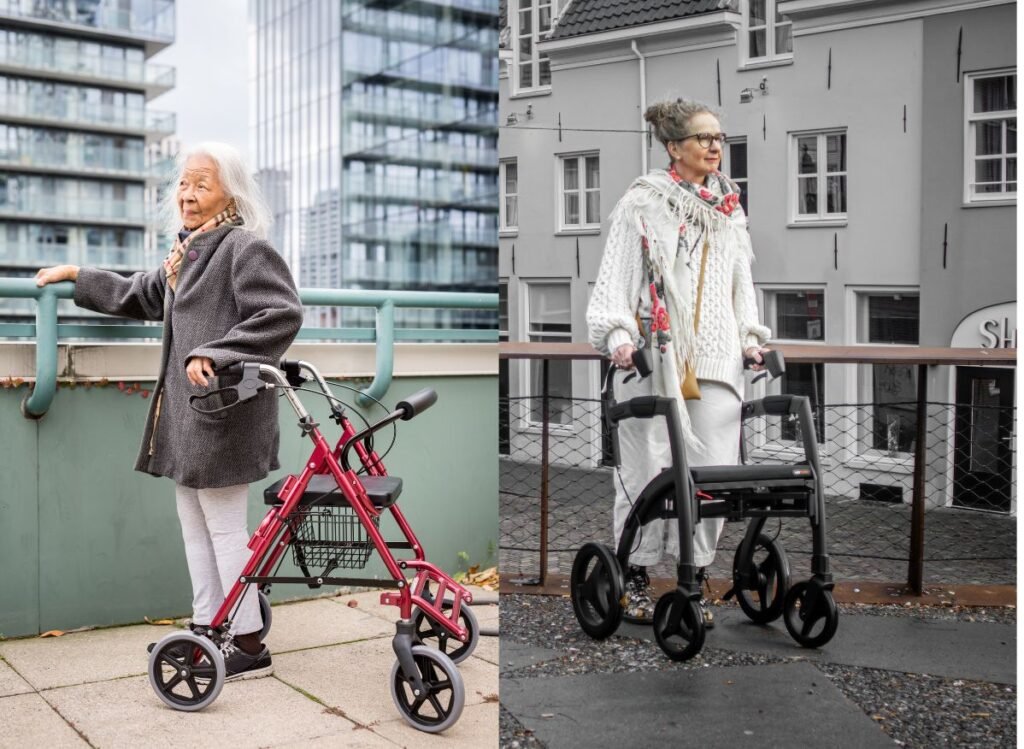 Two seniors using four-wheel rollator walkers with seats while walking outdoors in urban settings.