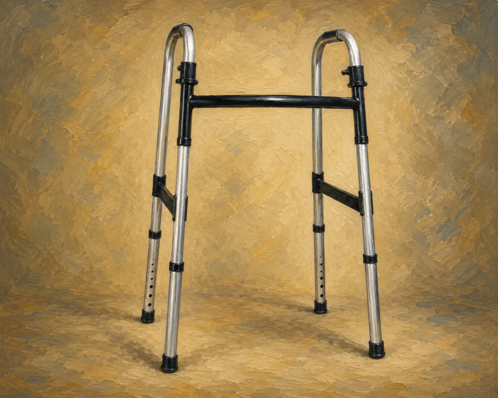 Walkers With Wheels vs. No Wheels- A standard aluminum walker with adjustable height and rubber tips is shown on a neutral background, highlighting its simple design for safe walking support.