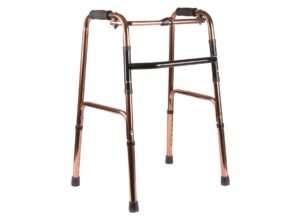 Standard folding walker with adjustable height and non-slip rubber tips for mobility support.