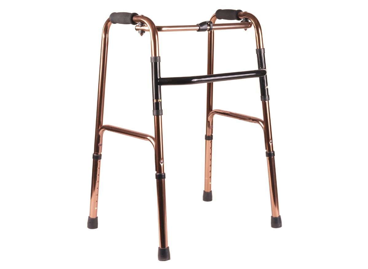 Standard folding walker with adjustable height and non-slip rubber tips for mobility support.