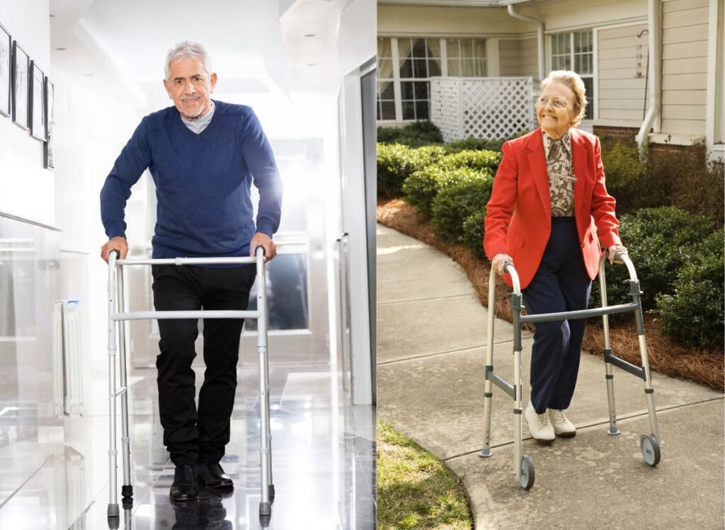 Walkers With Wheels vs. No Wheels: Senior man using a standard walker indoors and senior woman using a two-wheel walker outdoors on a sidewalk.