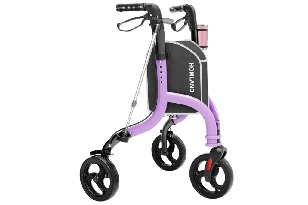 What Is a 3 Wheel Walker? Front angled view of a purple 3-wheel walker with ergonomic hand brakes, adjustable handles, storage bag, cup holder, and three maneuverable wheels.