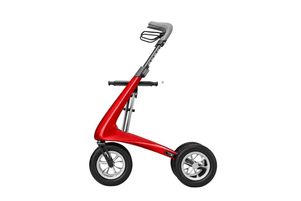 Side view illustration of a modern red 3-wheel walker with ergonomic handlebars, large wheels, and a lightweight triangular frame on a white background.