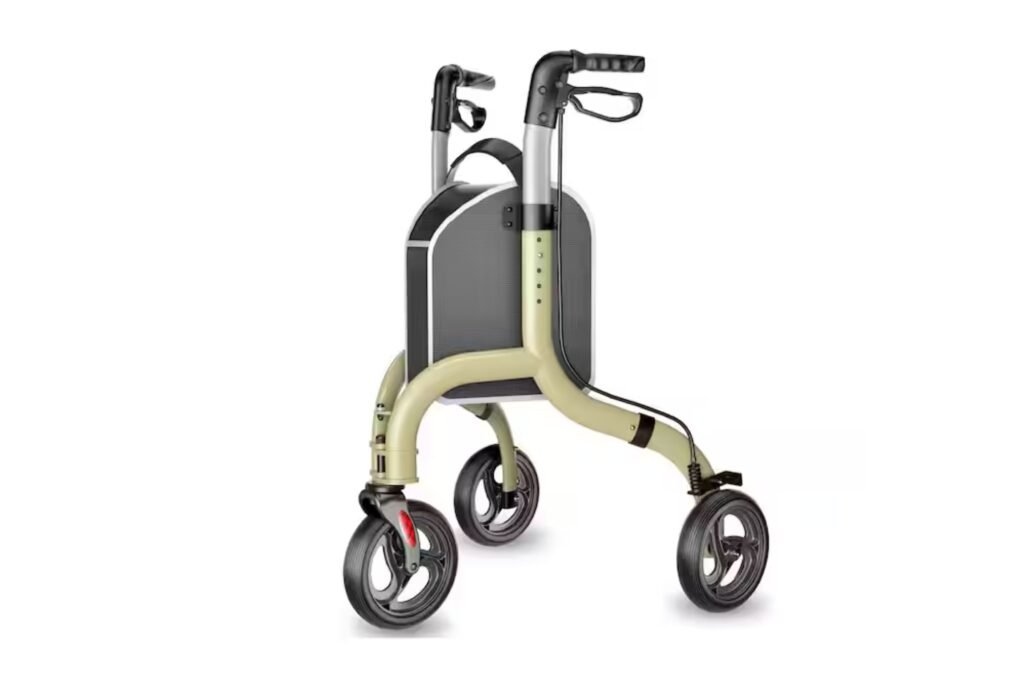 Front angled view of a lightweight 3-wheel walker with ergonomic handles, adjustable height, integrated storage compartment, and three maneuverable wheels for everyday mobility.