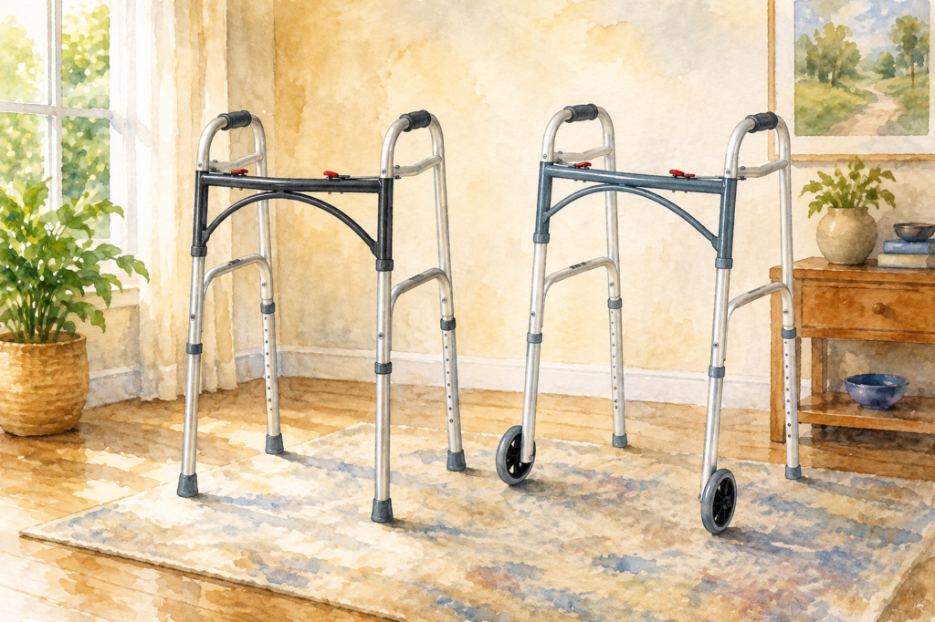 Two aluminum walkers are displayed side by side in a bright, welcoming living room, showing the difference between a standard walker and a walker with front wheels.