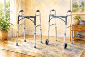 Two aluminum walkers are displayed side by side in a bright, welcoming living room, showing the difference between a standard walker and a walker with front wheels.