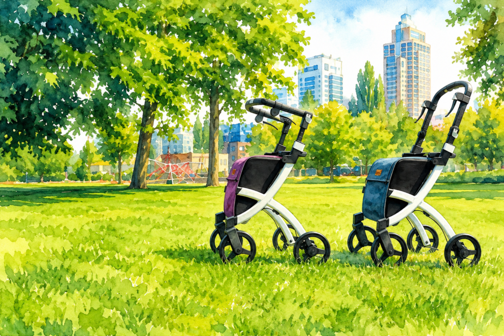 Does Medicare Cover Rollator Walkers?-Two modern four-wheel rollators stand on a grassy park lawn with trees and a city skyline in the background, representing mobility, independence, and active outdoor living.