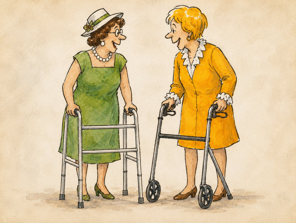Two smiling older women compare mobility aids, with one using a standard walker and the other using a two-wheel walker, in a warm watercolor illustration that highlights different walking support options.