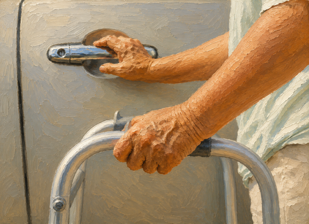When Is It Time to Start Using a Walker?-Realistic oil painting of an older adult using a walker while reaching for a car door handle, demonstrating safe vehicle access with a mobility aid.