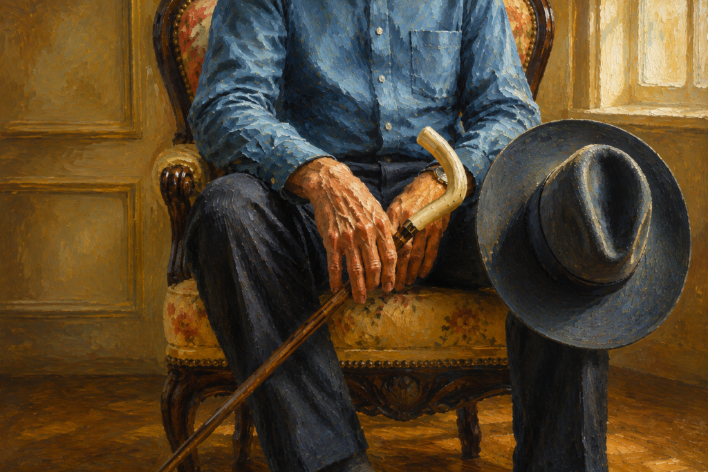 Walker vs. Cane-Realistic oil painting of an older adult seated in an armchair holding a curved-handled cane, representing cane use and mobility support for seniors.