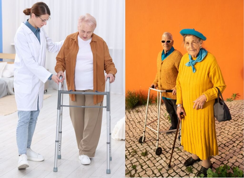 Healthcare professional assisting a senior with a standard walker while another senior uses a cane for mobility support.
