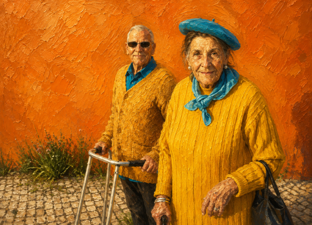 Realistic oil painting of an older couple outdoors, with one person using a walker and the other using a cane, illustrating different mobility aids for maintaining independence.