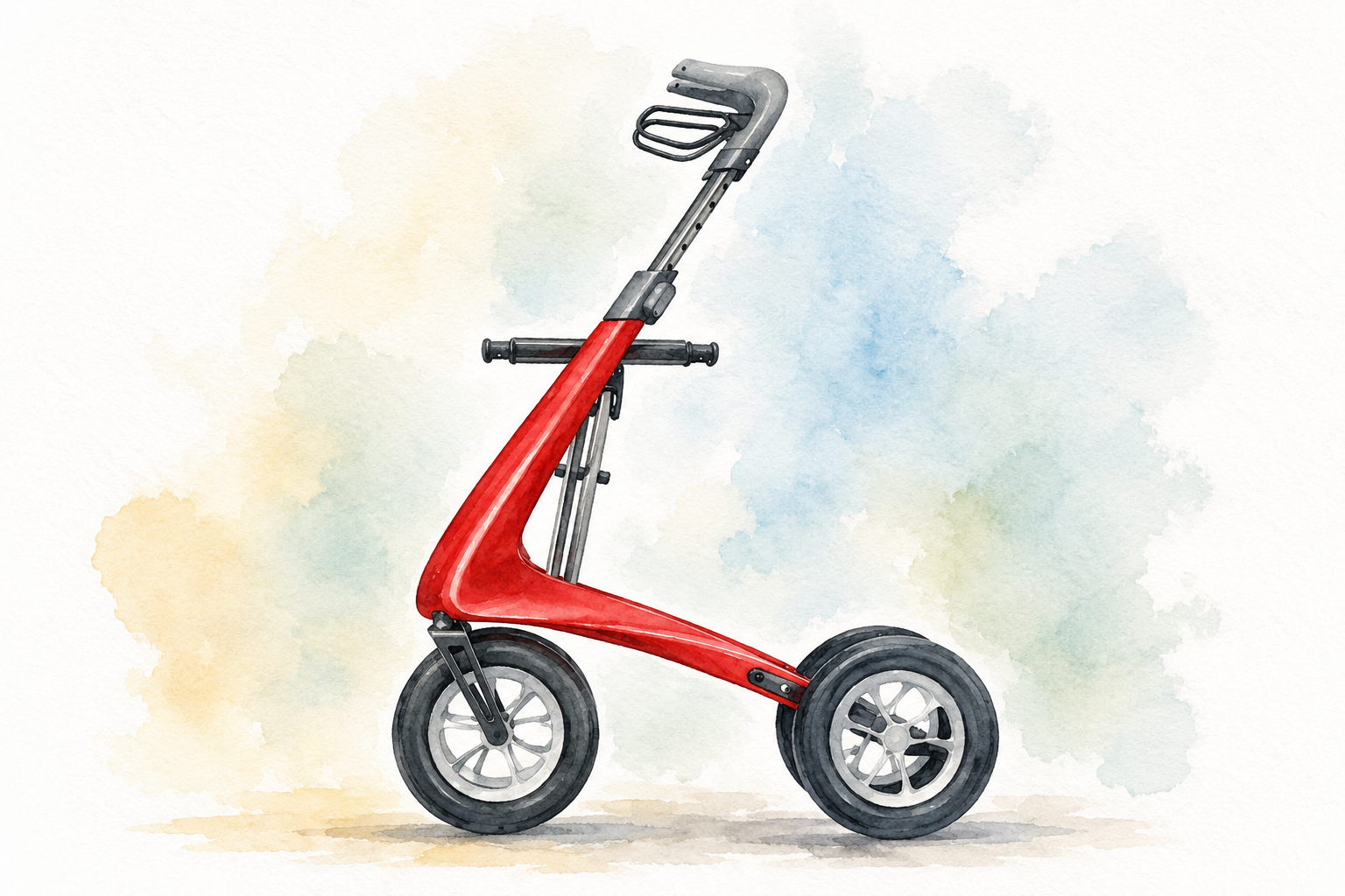 Red Watercolor Three-Wheel Walker Illustration