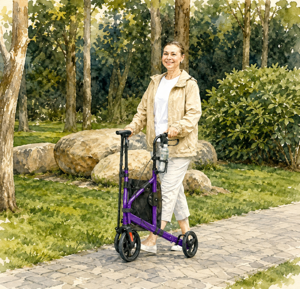 Watercolor illustration of a woman walking through a park using a purple three-wheel rollator with a storage bag, cane holder, and cup holder. Trees, landscaping, and a paved walking path create a peaceful outdoor setting that highlights safe, independent mobility.