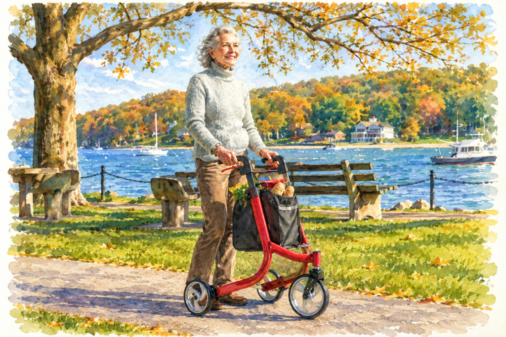 Watercolor illustration of an older woman walking with a red three-wheel rollator along a scenic lakeside path. Autumn trees, park benches, and boats on the water create a peaceful outdoor setting that highlights active, independent mobility.