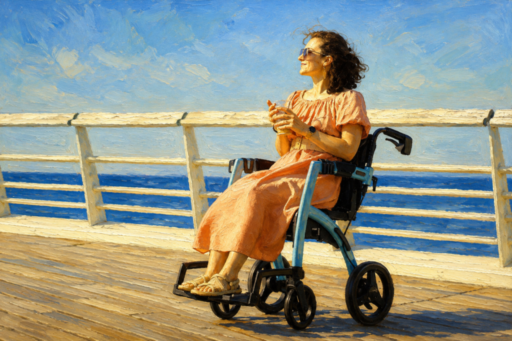 What Is a Rollator Walker? -A woman relaxes in a lightweight wheelchair on a sunny boardwalk overlooking the ocean, enjoying fresh air and a peaceful coastal view.