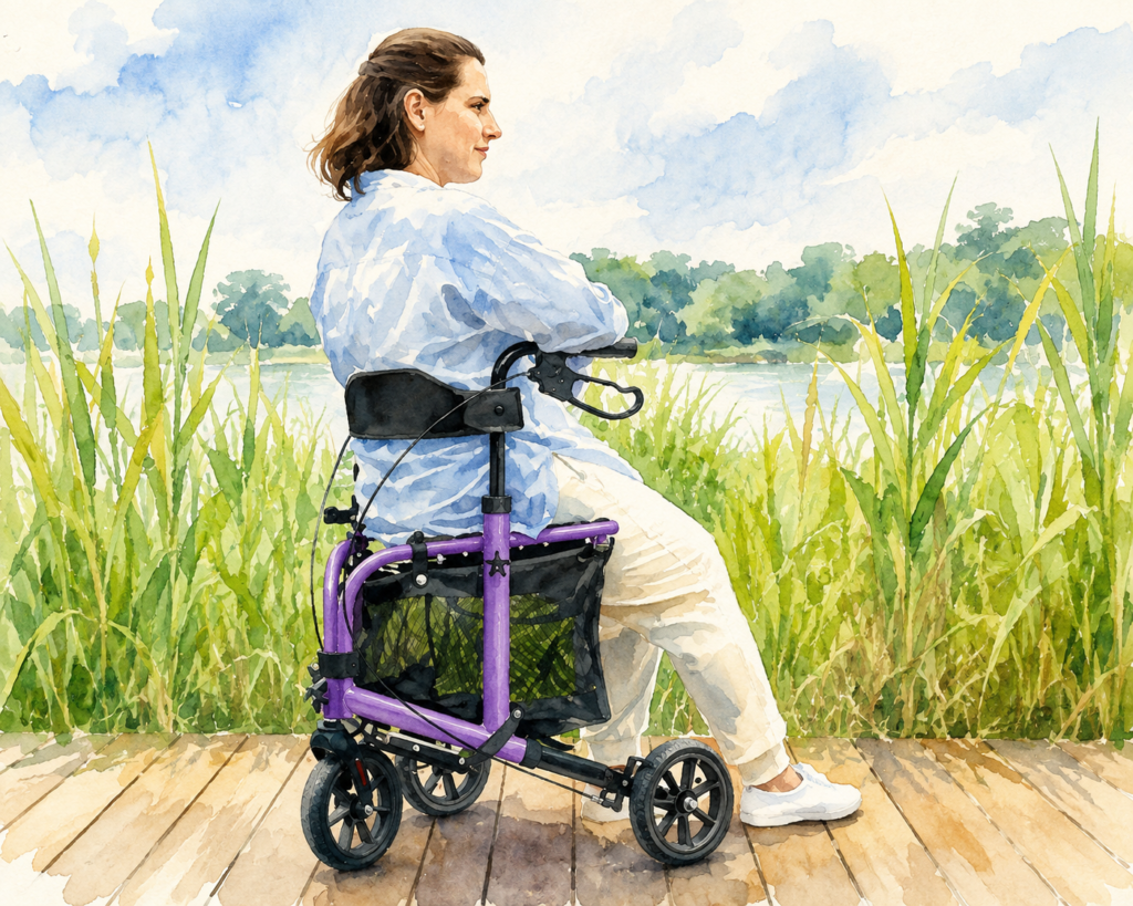 What Is a 3 Wheel Walker?-Watercolor illustration of a woman seated on a purple rollator along a wooden boardwalk, peacefully looking out over a calm lake surrounded by tall green reeds on a bright, sunny day.