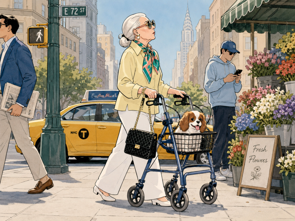 An elegant older woman confidently walks along a city sidewalk using a blue rollator with her black handbag hanging from the frame. A small dog rides comfortably in the rollator basket as she passes a flower stand, with a yellow taxi and city buildings in the background.