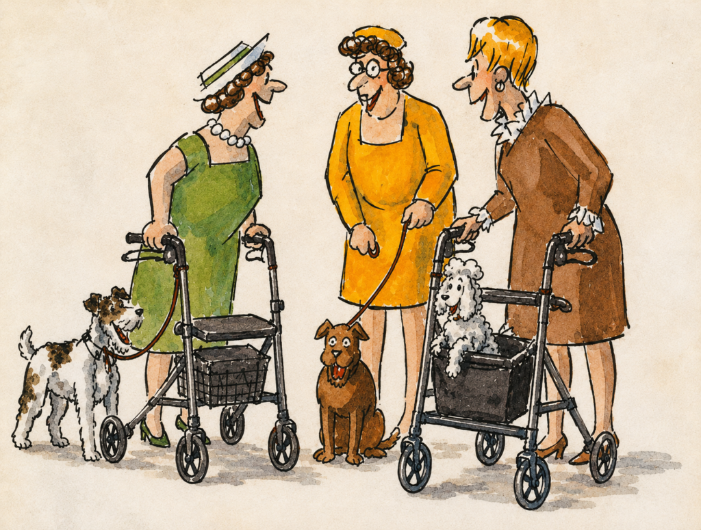 Watercolor illustration of three older women chatting with their rollator walkers while walking their dogs outdoors in a friendly neighborhood scene.
