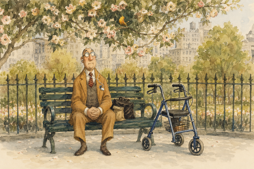 An older man in a brown suit sits peacefully on a park bench listening to music with earphones while a blue three-wheel rollator stands beside him beneath blooming flowering branches in a quiet city park.