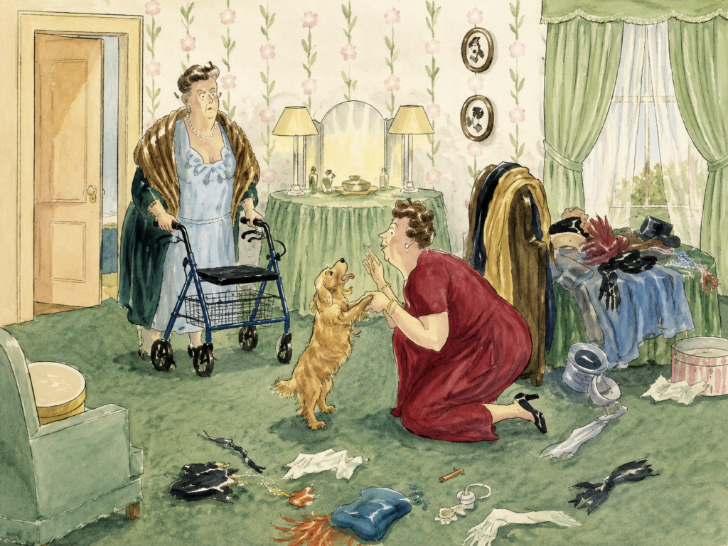 An older woman using a blue three-wheel rollator stands in a vintage dressing room while another woman kneels to play with a happy small dog. Clothing, hats, scarves, and accessories are scattered across the floor, creating a humorous and charming scene.