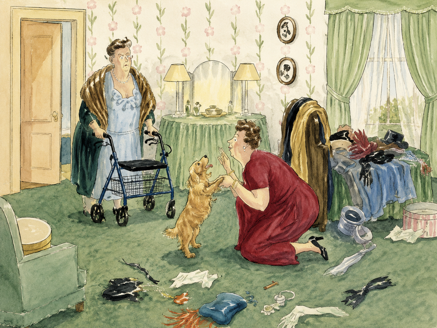 An older woman using a blue three-wheel rollator stands in a vintage dressing room while another woman kneels to play with a happy small dog. Clothing, hats, scarves, and accessories are scattered across the floor, creating a humorous and charming scene.