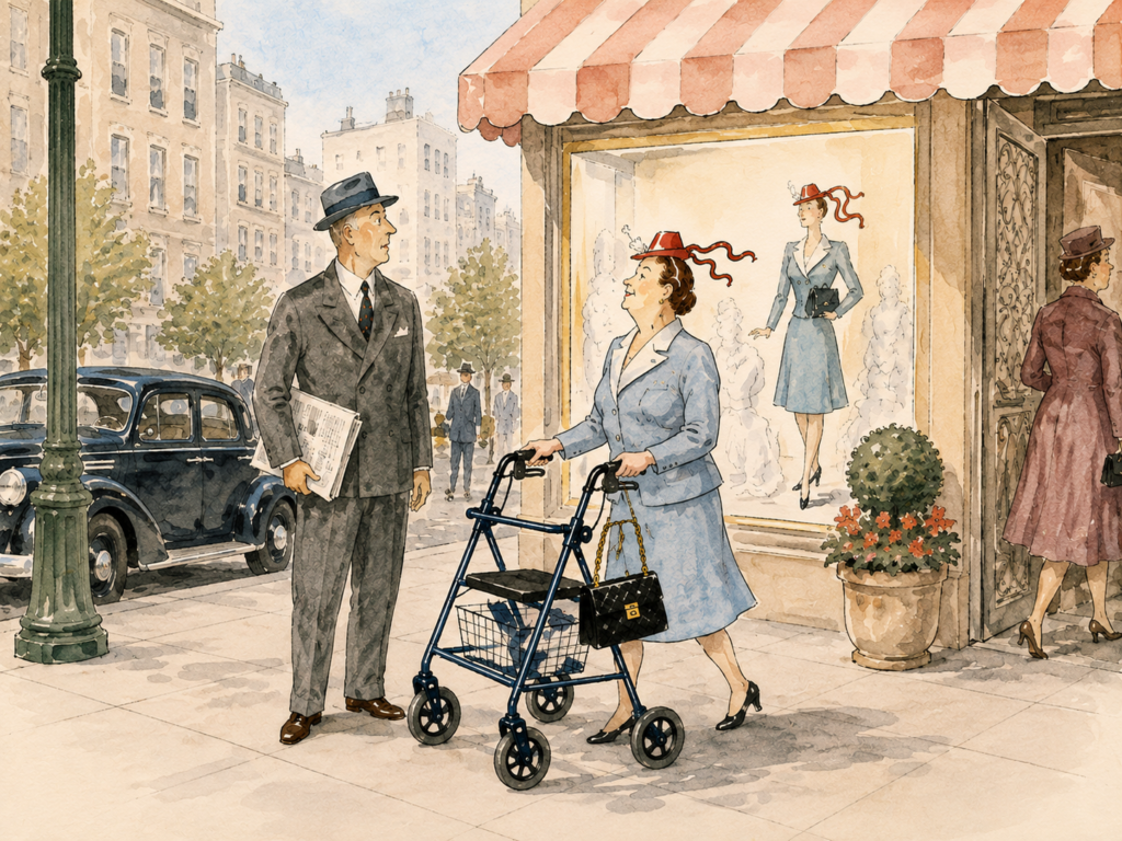 An elegantly dressed older woman uses a blue rollator while walking past a fashionable boutique on a charming city street. A well-dressed gentleman watches as she passes, with a vintage automobile, storefront display, and classic architecture creating a nostalgic mid-century atmosphere.