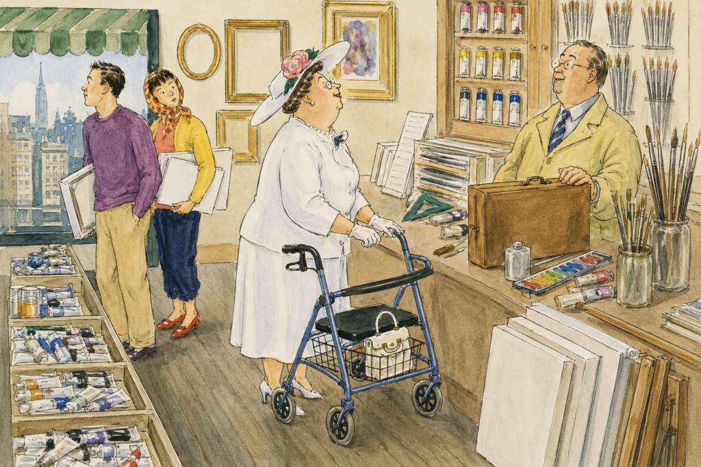 An elegant older woman dressed in white uses a blue rollator while chatting with a friendly shopkeeper inside a charming art supply store. Shelves filled with paints and brushes, framed artwork, and two customers browsing create a warm, vintage watercolor scene.