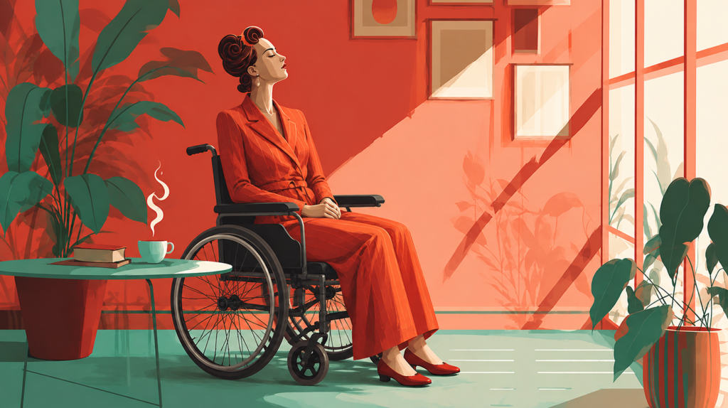 Senior woman sitting in a wheelchair with her feet resting on the ground, illustrating wheelchair use for a walker versus wheelchair comparison.