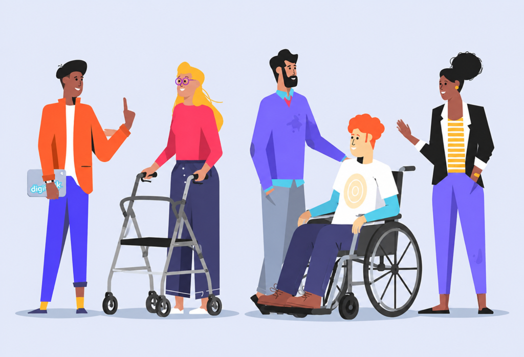 Person using a walker alongside another person using a wheelchair, illustrating the differences between walkers and wheelchairs for mobility support.