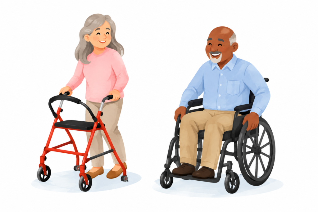 Older woman using a red rollator walker beside an older man in a wheelchair, illustrating walker vs. wheelchair mobility options.