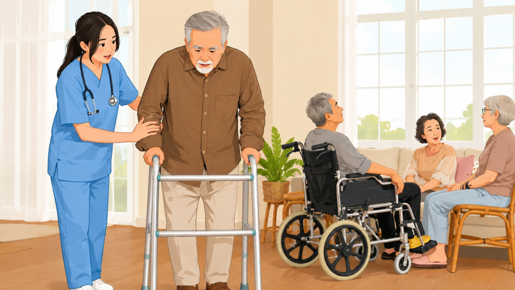 Caregiver assisting an older man using a standard walker while other older adults sit near a wheelchair.