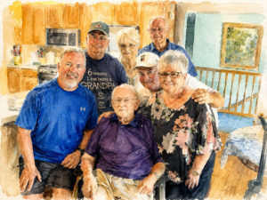A realistic watercolor painting of a multigenerational family gathered around their elderly father seated in a wheelchair in a warm, wood-paneled kitchen, celebrating time together with smiles and close family support.