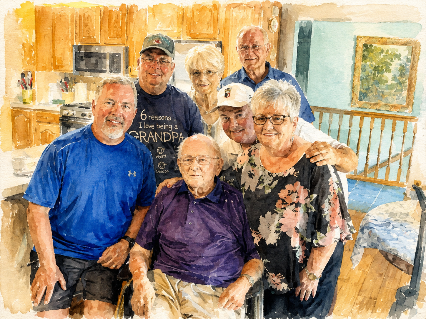 A realistic watercolor painting of a multigenerational family gathered around their elderly father seated in a wheelchair in a warm, wood-paneled kitchen, celebrating time together with smiles and close family support.