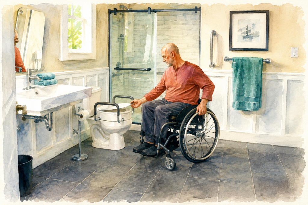 Man in a wheelchair using a toilet safety rail in an accessible bathroom with grab bars and a walk-in shower.