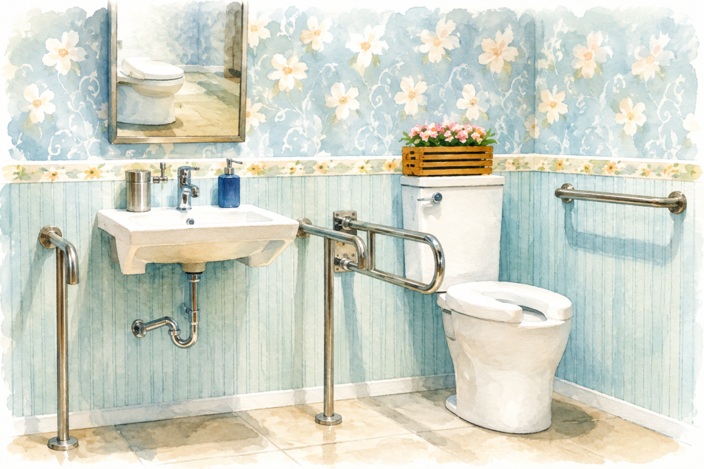 Accessible bathroom with toilet safety rails, wall-mounted sink, grab bars, and raised toilet seat.