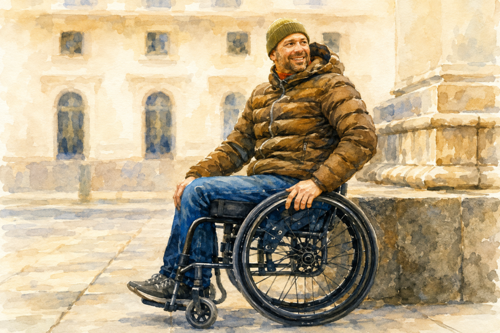 Best Lightweight Wheelchairs - Man in a manual wheelchair wearing a brown jacket and knit cap outdoors near a stone building.