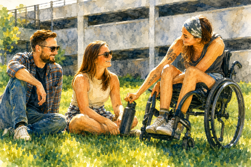 Young woman in a manual wheelchair relaxing on the grass and talking with two friends outdoors.