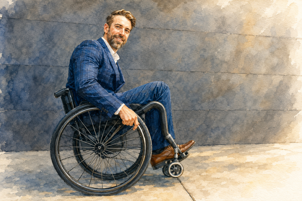 Rollator vs. Wheelchair=Man in a blue suit using a lightweight manual wheelchair outdoors against a modern wall.