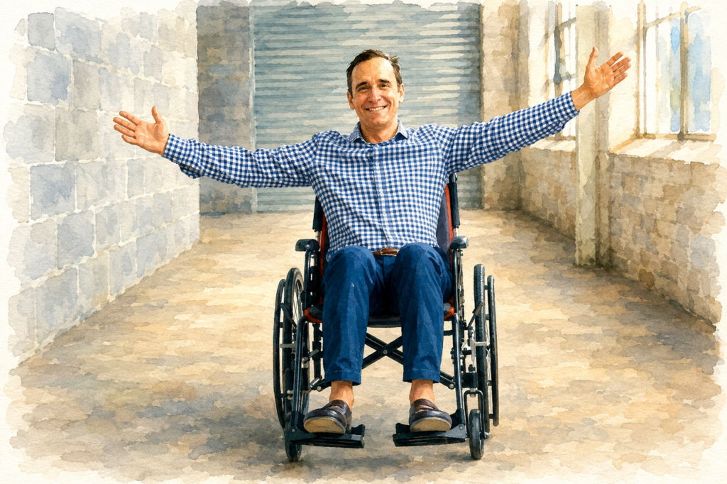 Smiling man sitting in a manual wheelchair with his arms outstretched.