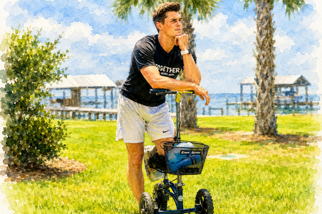 Young man using an all-terrain knee scooter outdoors on a grassy waterfront.