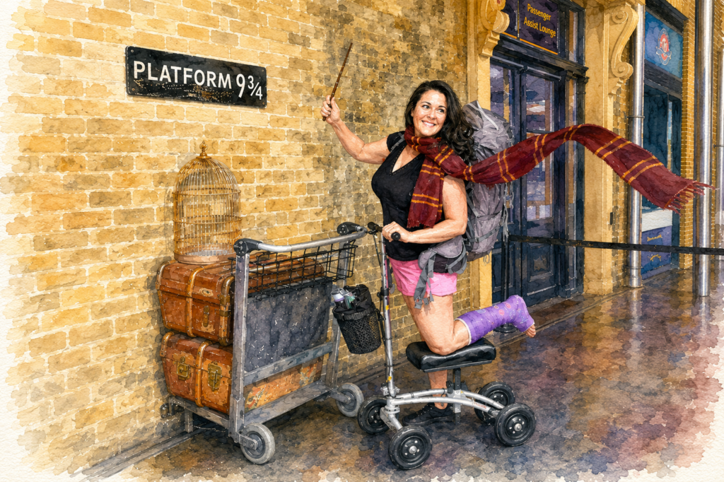 Woman with a leg cast using a knee scooter at the Platform 9¾ attraction.