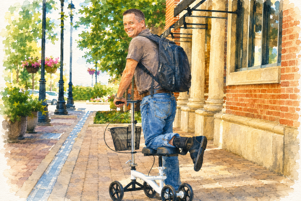 Knee Walker vs. Rollator- Man with a medical walking boot using a four-wheel knee scooter on an outdoor walkway.