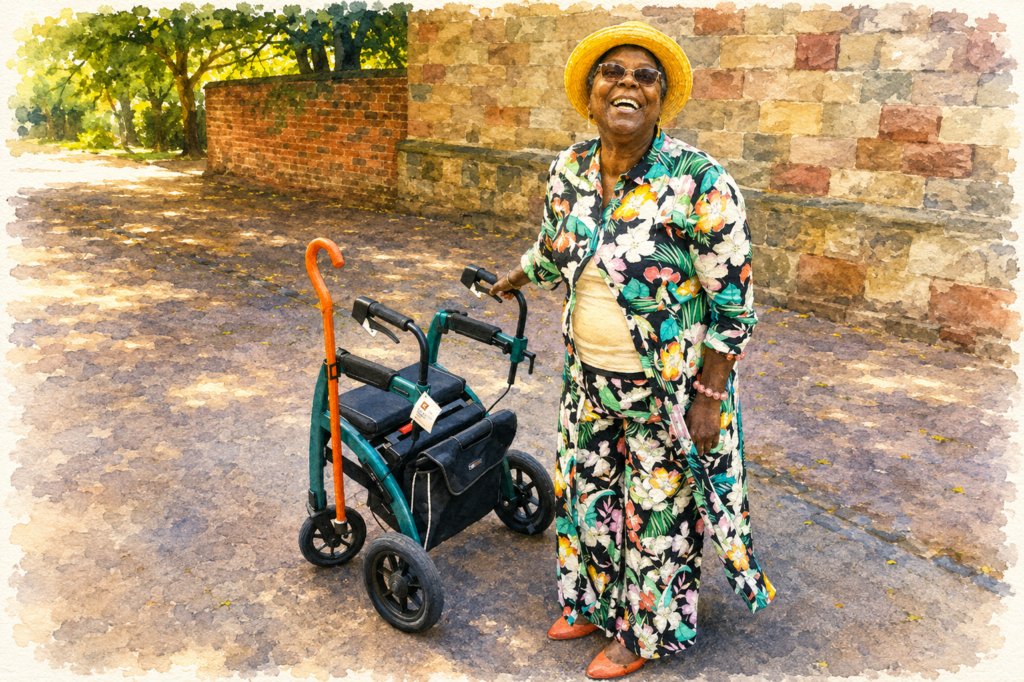 Older woman standing outdoors with a four-wheel rollator walker with a seat and storage bag.
